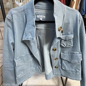 LOFT Light Blue Jean Jacket with White Stripes